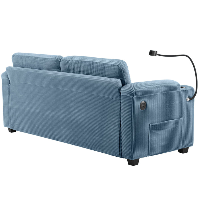 Corduroy Sleeper Sofa Loveseat Sofa With Full Size Mattress, 2 USB Ports, 2 Cup Holders, 2 Side Pockets And Phone Holder