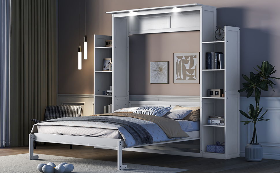 Wall Murphy Bed With Shelves And LED Lights