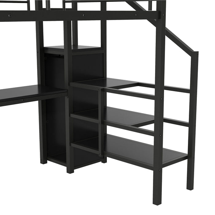 Full Size Loft Bed With Desk, Storage Staircase, Small Wardrobe And LED Light - Black