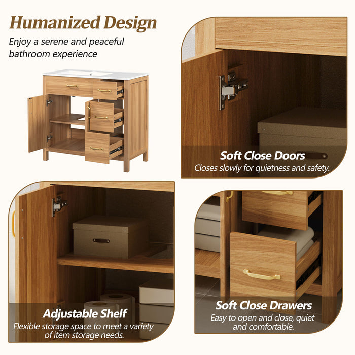 Bathroom Vanity, 2 Soft Close Doors, 3 Soft Close Drawers, Adjustable Shelf - Wood