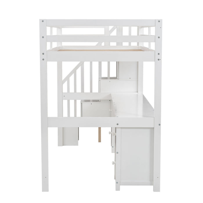 Loft Bed Frame With Built In Desk And Double Storage Drawers