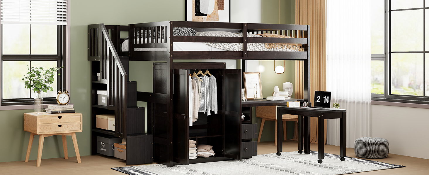 Loft Bed With Stairs, Bookshelf, Drawers, Desk & Wardrobe, Space Saving Multifunctional Furniture