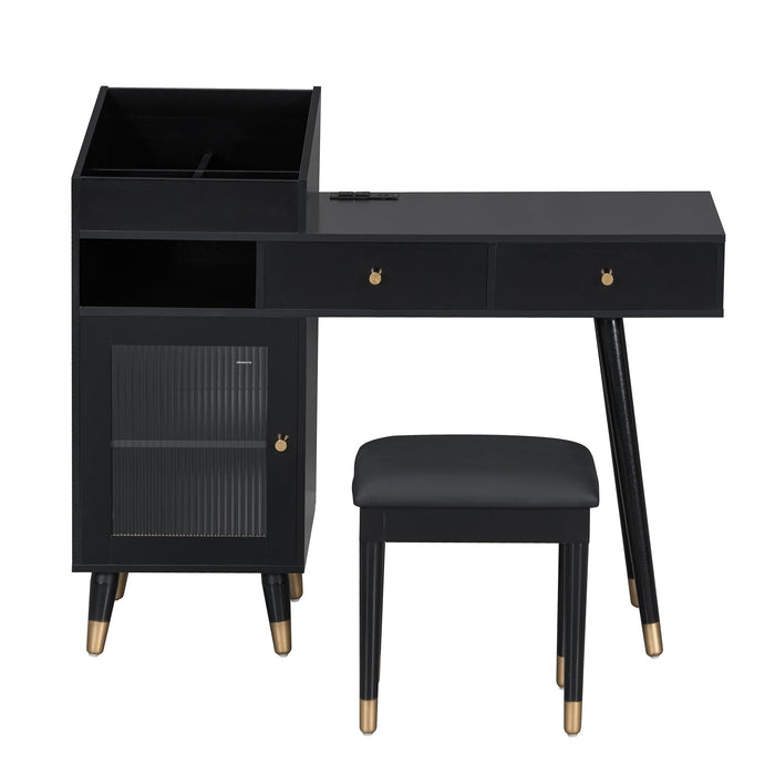 Modern Makeup Vanity Desk With Drawers Cabinet & Charging Port Engineered Wood Space Saving Design For Small Places - Black