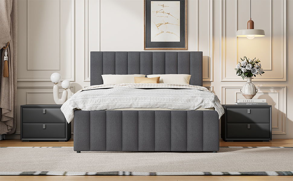 Upholstered Platform Bed With Twin Size Trundle And 3 Drawers
