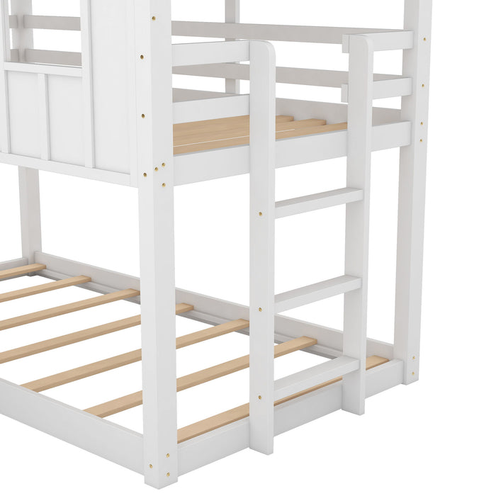 Twin Over Twin House Bunk Bed With Slide And Windows - White / Gray
