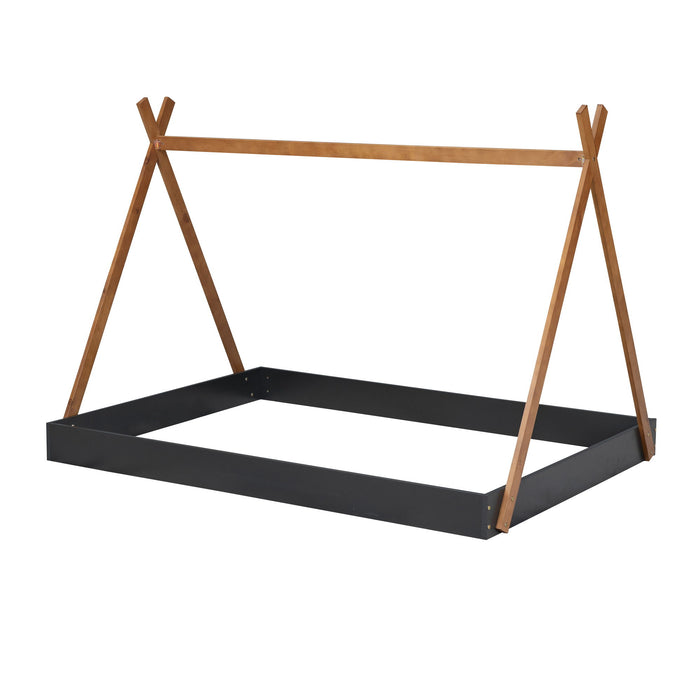 Full Size Tent Floor Bed With Triangle Structure, Low Profile Design - Black / Brown