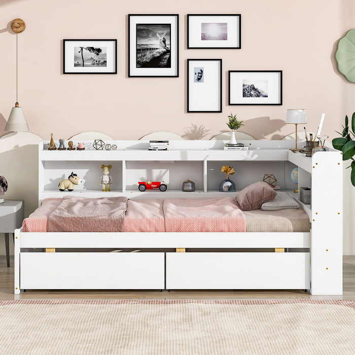 Twin Bed With L-Shaped Bookcases - White