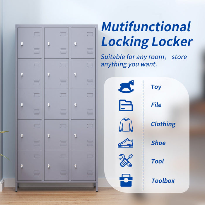 15 Door Lockers With Lock For Storage In Home, Gym, Office, And School - Gray
