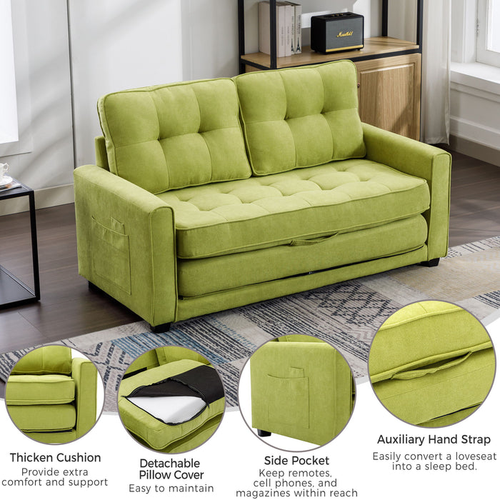 59.4" Loveseat Sofa With Pull-Out Bed Modern Upholstered Couch With Side Pocket For Living Room Office, Green
