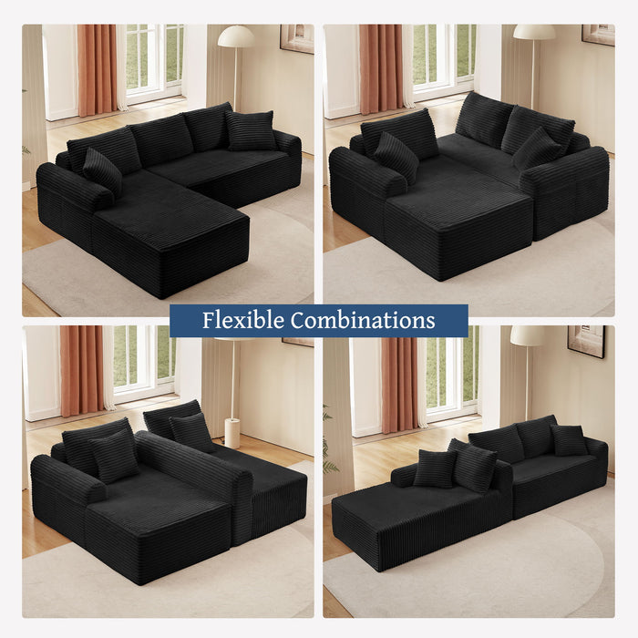 Modular Corduroy Sectional With Arched Armrests, Includes 3 Back Cushions & 2 Throw Pillows