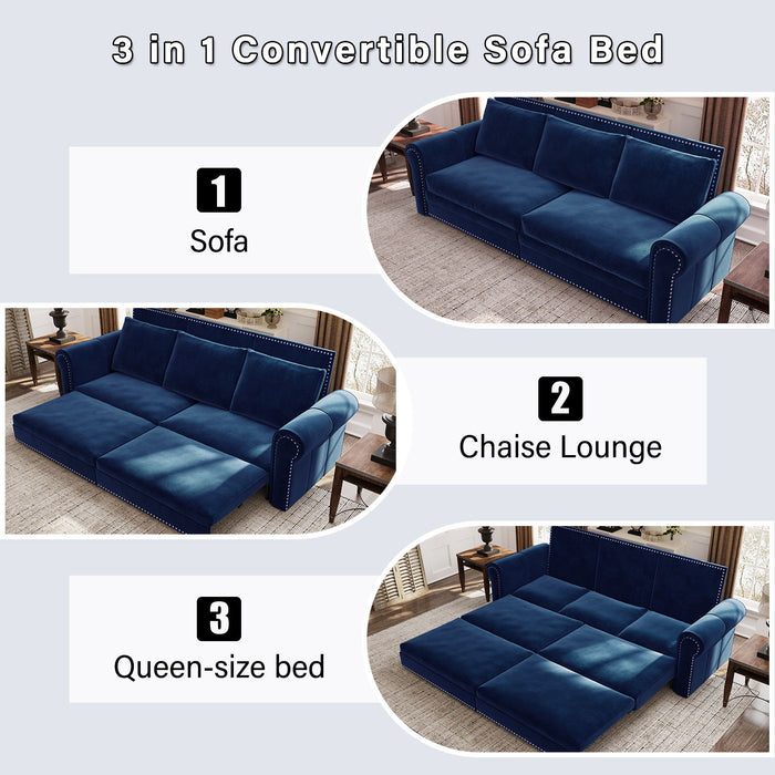 3 In 1 Convertible Sleeper Sofa With Nailhead Trim & Rolled Arm