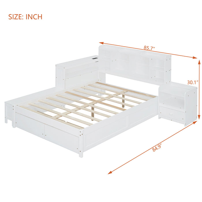 Platform Bed With Multi Functional Storage Space, Nightstand, 2 Drawers, USB Ports And Desk