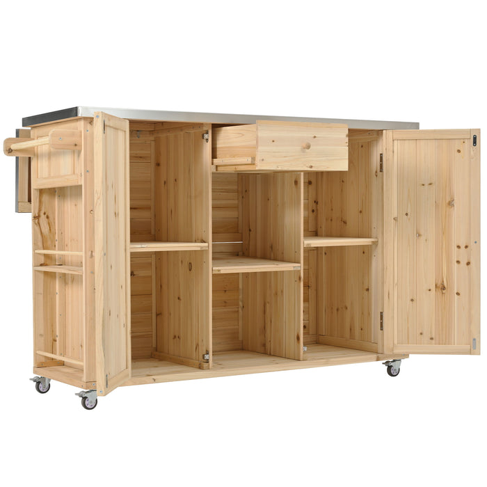 Outdoor Kitchen Island With Stainless Steel Top, Ample Storage Space, Towel And Spice Racks And A Bottle Opener