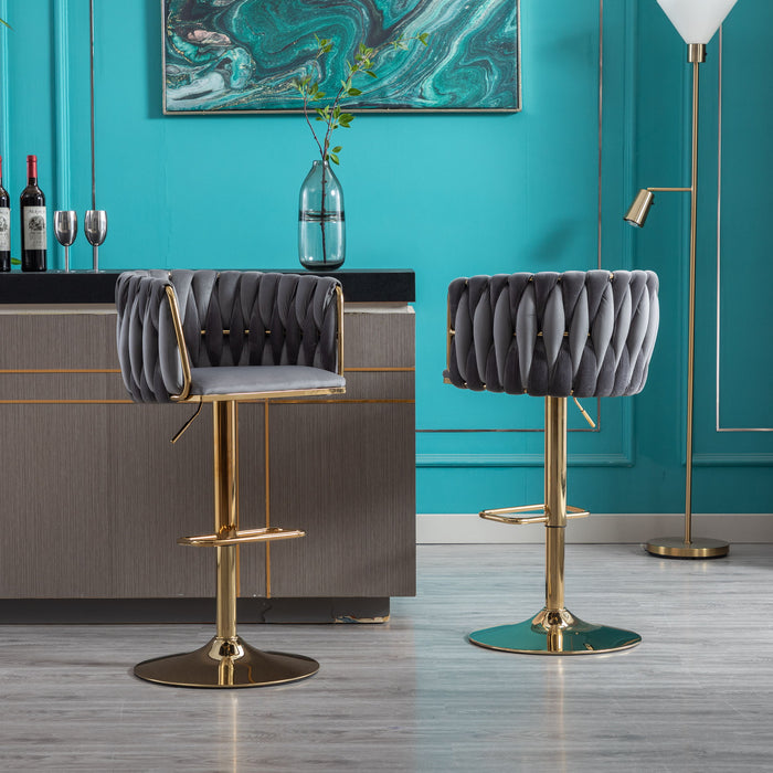 (Set of 2) Gray Bar Stools, With Chrome Footrest And Base Swivel Height Adjustable Mechanical Lifting Velvet And Golden Leg Simple Bar Stool