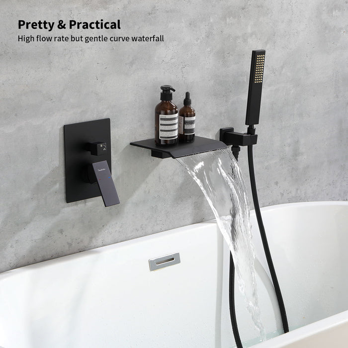 Male Npt Tub Faucet With Hand Shower, Matte Black Waterfall Bathtub Shower Faucet Set, Wall Mount Tub Shower System With Solid Brass Rough - In Valve Shower Trim Kit