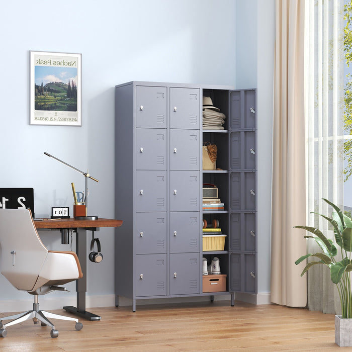 15 Door Lockers With Lock For Storage In Home, Gym, Office, And School - Gray