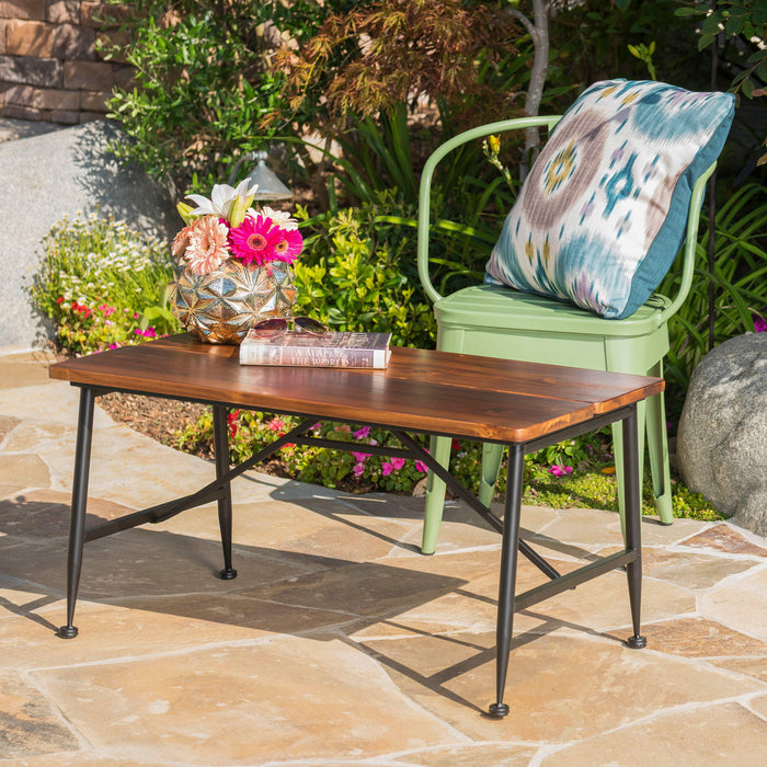 Rectangle Outdoor Coffee Table With Angled Tubular Legs And Wood Top - Black