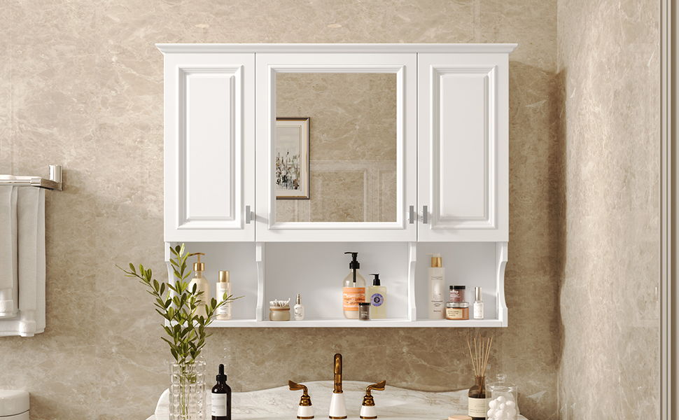 Wall Mounted Bathroom Medicine Wall Cabinet With Mirror & Open Shelves