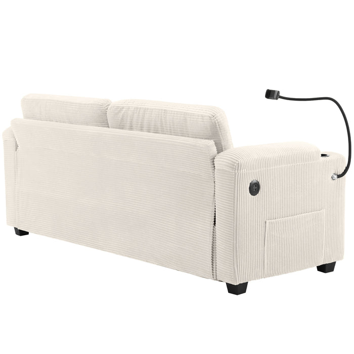 Corduroy Sleeper Sofa Loveseat Sofa With Full Size Mattress, 2 USB Ports, 2 Cup Holders, 2 Side Pockets And Phone Holder