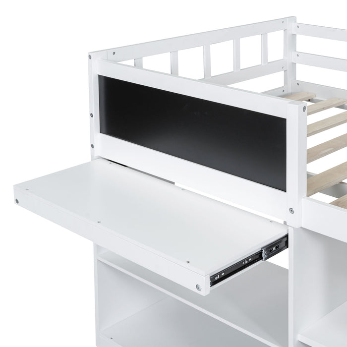 Low Loft Bed With Rolling Desk, Shelf And Drawers