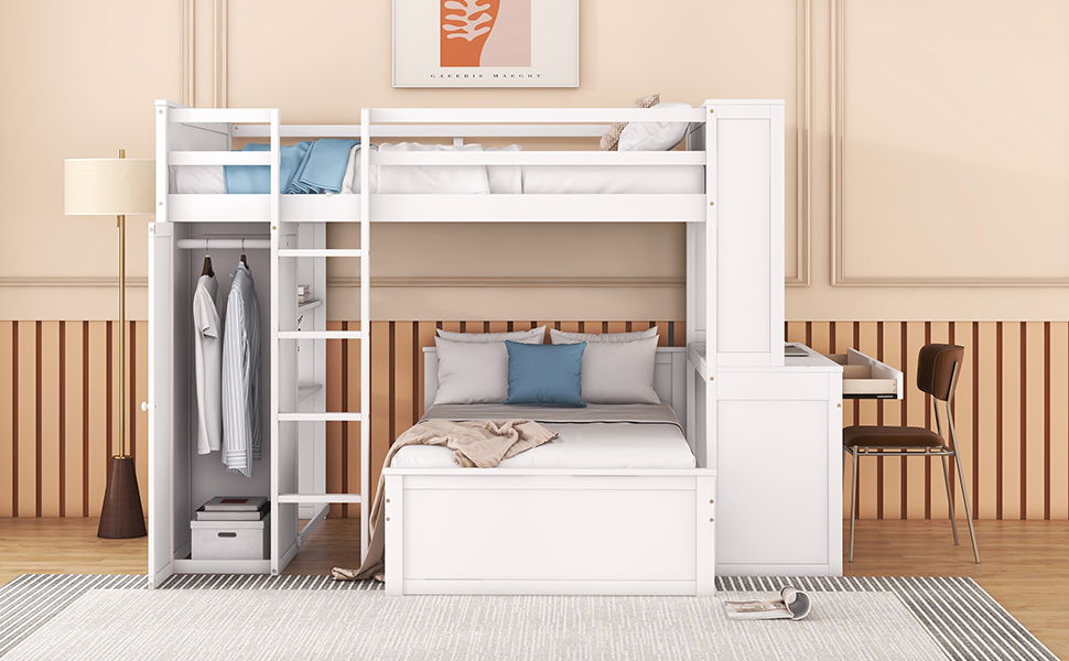 Loft Bed With A Twin Size Standalone Bed, Shelves, Desk, And Wardrobe