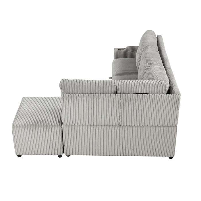 Pull-Out L-Shaped Sectional Sofa With Movable Ottoman And Stool, Large Storage Space, A Cup Holder, And 2 USB Ports For Living Room