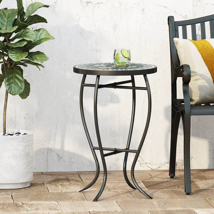 Outdoor Side Table With Tile Mosaic Table Top - Black