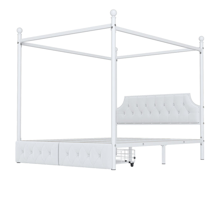 Canopy Platform Bed With Upholstered Headboard And 2 Storage Drawers - White