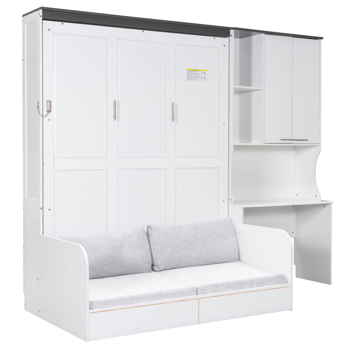 Multi Functional Murphy Bed With Sofa, Desk, And Storage Cabinet, Queen Size - White
