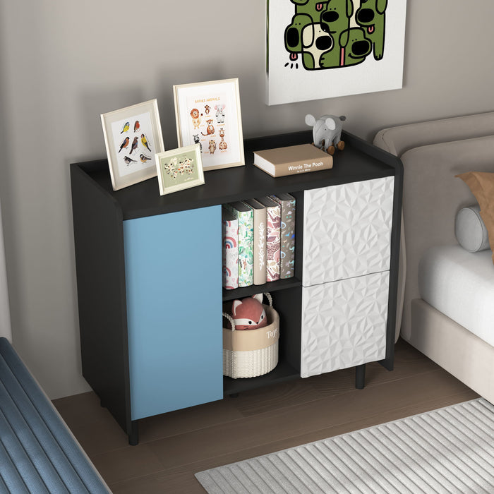 Modern Sideboard Buffet Cabinet With Red Doors And Unique Panel Styling