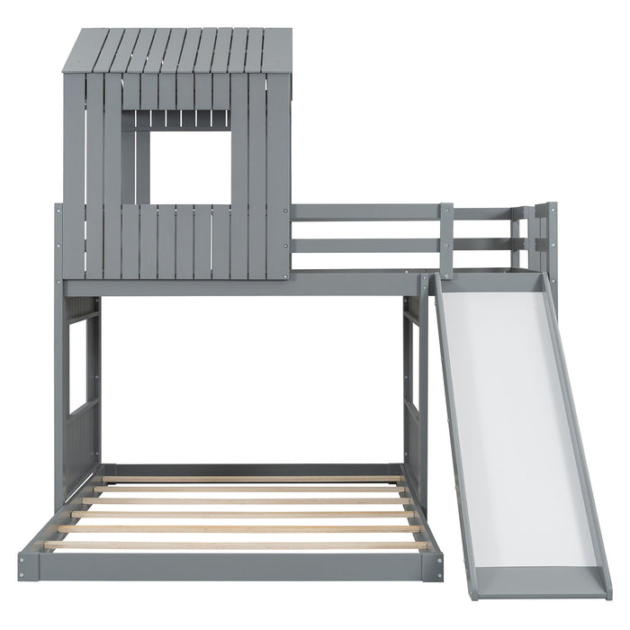 Loft Bunk Bed With Playhouse, Farmhouse, Ladder, Slide And Guardrails