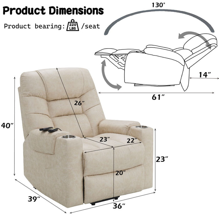Nairi - Power Recliner With Lift & Heating & Massage - Ivory Leather Aire