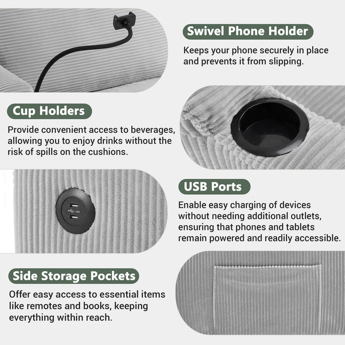 Corduroy Sleeper Sofa Loveseat Sofa With Full Size Mattress, 2 USB Ports, 2 Cup Holders, 2 Side Pockets And Phone Holder