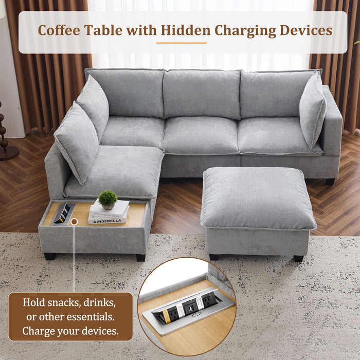 U-Shaped Sectional Modular Sofa With A Movable Ottoman, A Coffee Table With Hidden Charging Devices For Living Room