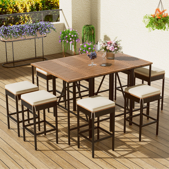 Go 10 Piece Outdoor Acacia Wood Bar Height Table And Eight Stools With Cushions, Garden PE Rattan Wicker Dining Table, Foldable Tabletop, High Dining Bistro Set, All-Weather Patio Furniture, Brown