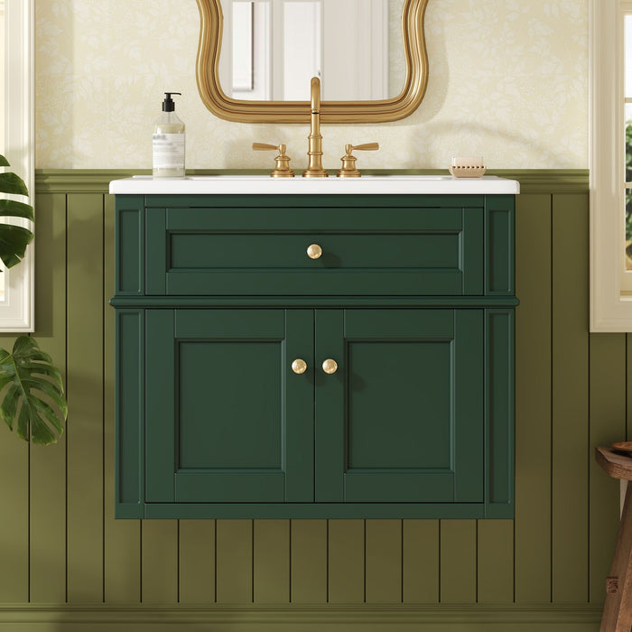 Wall Mounted Bathroom Vanity With Tip Out Drawer And Open Back Design