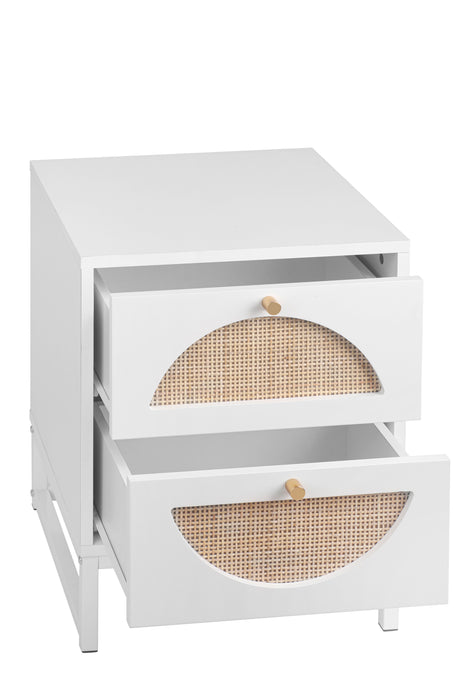 Allen 2 Drawer Nightstand (Set of 2), White, Natural Rattan, Display Rack For Bedroom And Living Room