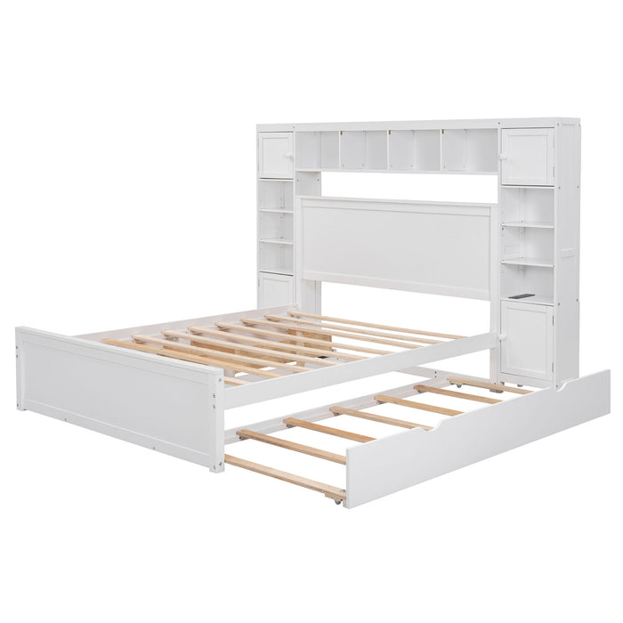 Queen Size Wooden Bed With All In One Cabinet, Shelf And Sockets, White