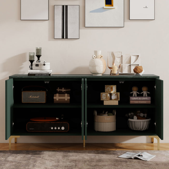 Modern Wood Sideboard Cabinet With Carved Door Panels, Adjustable Shelves, And Sturdy Metal Legs