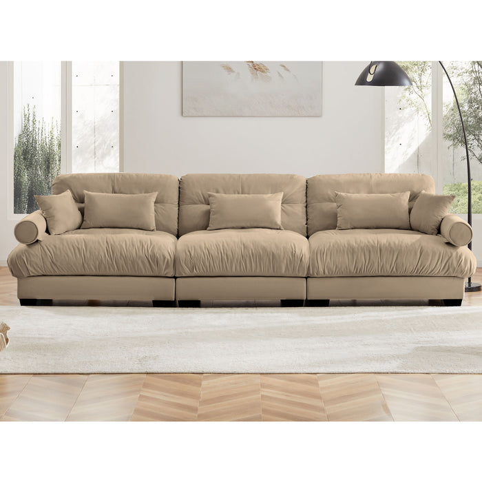 Modern Velvet Sofa With Bolstered Armrests And Pillows