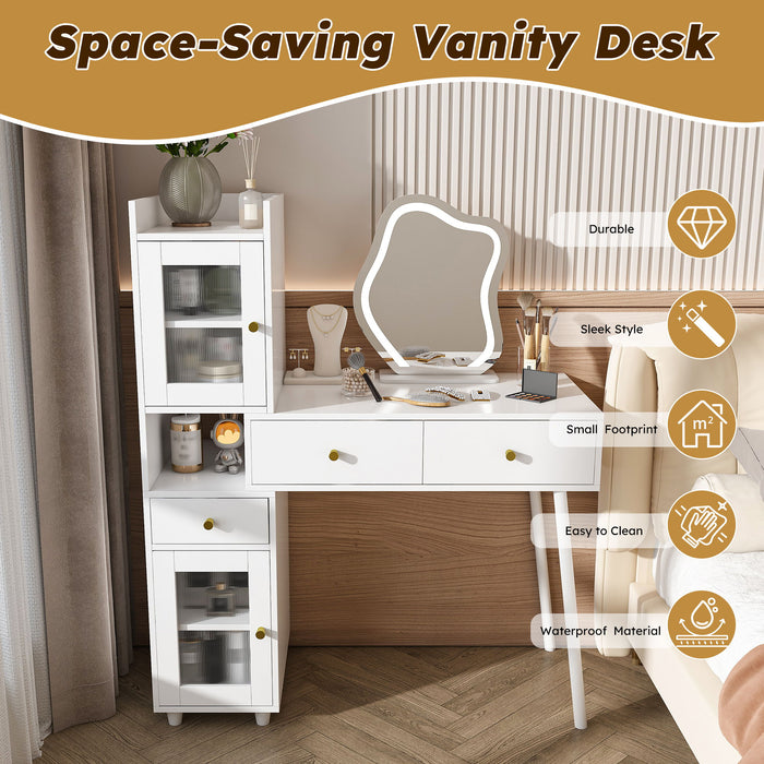 Vanity Dressing Table With LED Mirror & Storage Makeup Desk With 3 Drawers, 2 Open Shelves & 4 Hidden Cabinets - White