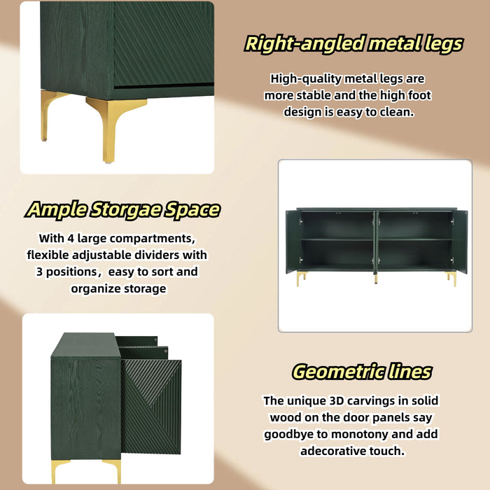 Modern Wood Sideboard Cabinet With Carved Door Panels, Adjustable Shelves, And Sturdy Metal Legs