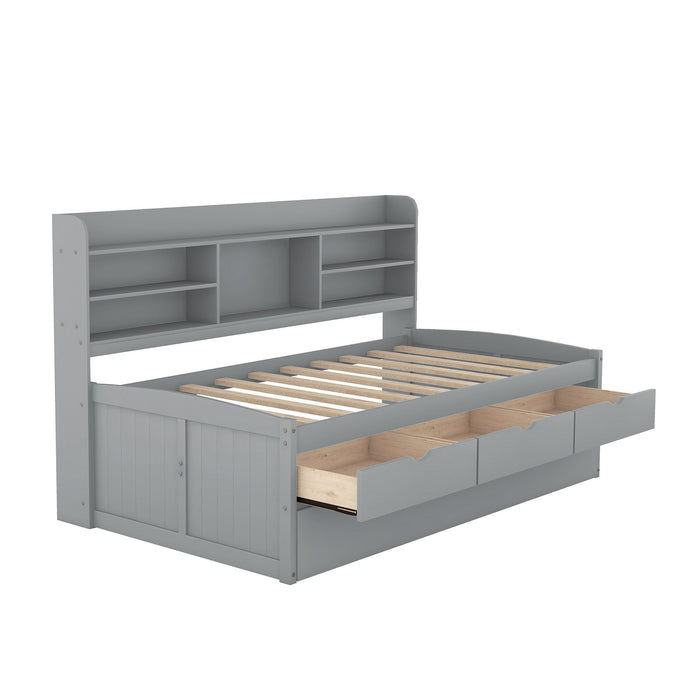 Captain Bed With Built In Bookshelves, 3 Storage Drawers, And Trundle