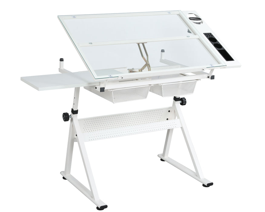 White Adjustable Tempered Glass Drafting Printing Table With Chair