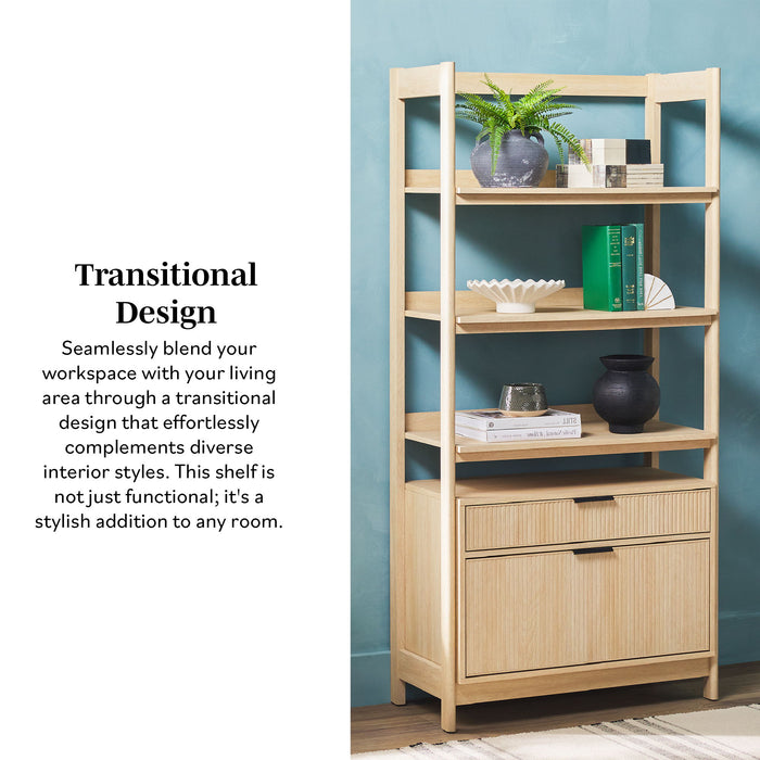 Transitional Wide Reeded Bookshelf With Drawers On Bottom