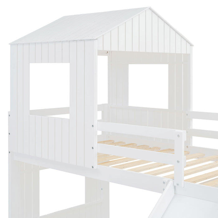 Loft Bunk Bed With Playhouse, Farmhouse, Ladder, Slide And Guardrails