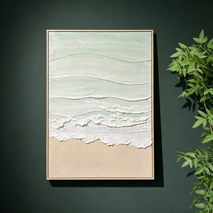 Framed Beach Wall Art, Textured Canvas Painting, Neutral Ocean Decor For Living Room - Beige / Blue