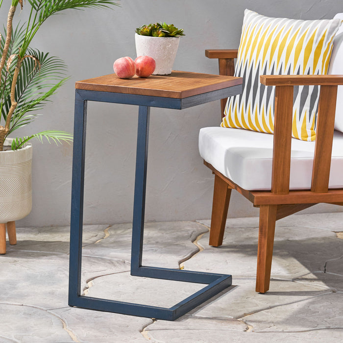 C Shaped End Table With Iron Base And Fir Wood To