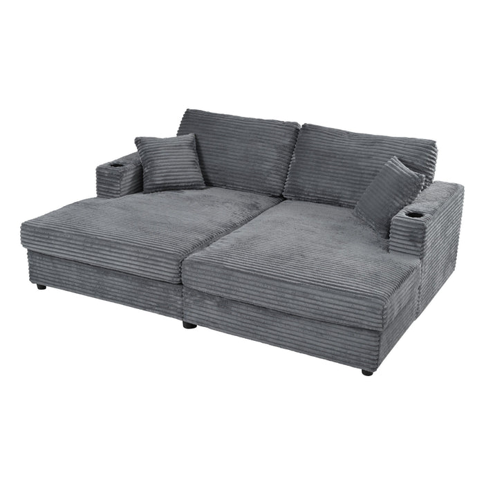 Oversized Loveseat Chaise With 2 USB Ports, 2 Cup Holders And 2 Throw Pillows
