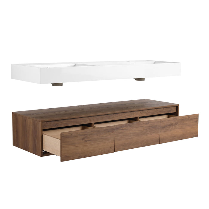 Contemporary Wall Mounted Bathroom Vanity With Dual Resin Sink And Soft Close Drawer